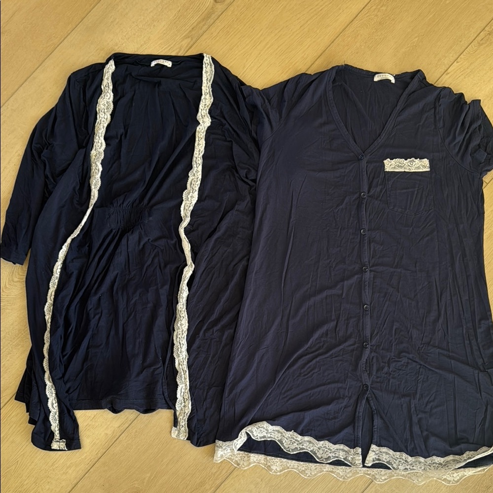 Maternity Navy Blue Lace Trim Sleepwear Set